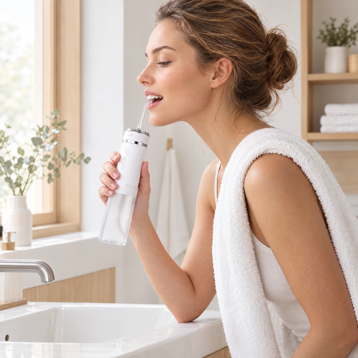 Water Flosser Pro i brug ved håndvasken (model)