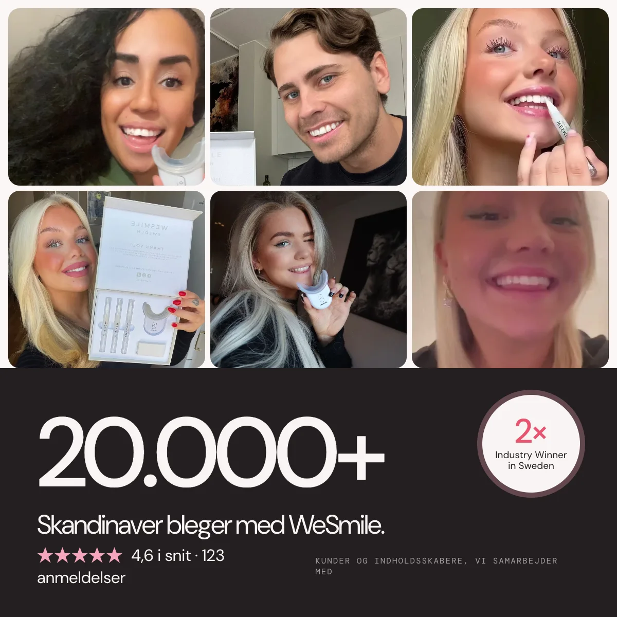 Over 20.000 skandinaver bleger tænder med WeSmile. 4,6 i gennemsnit fra 123 anmeldelser. 2× Branchevinder i Sverige